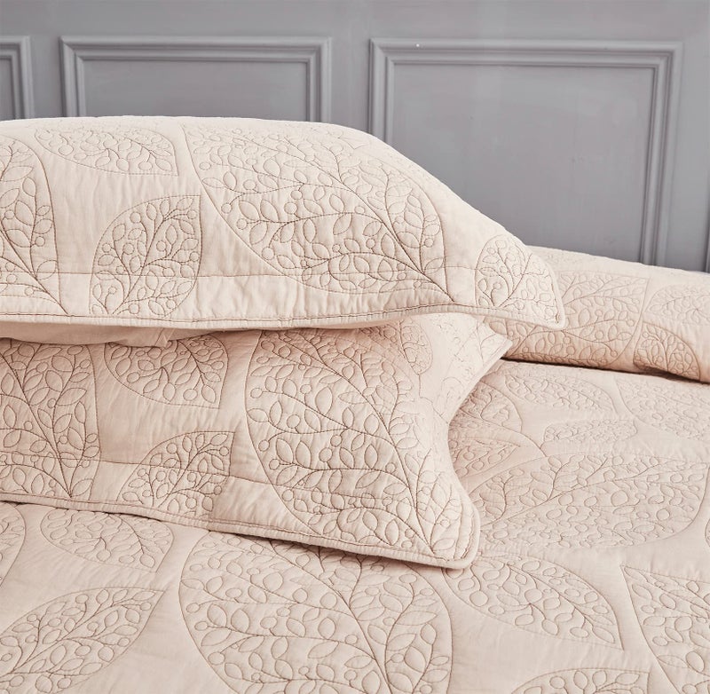 CHIXIN Botanical Cotton Quilt King Size - Real Stitching Leaf Pattern - Quilted Bedspread Coverlet Set, Ultra Soft, Lightweight, Reversible, 3 Piece, Oatmeal - Image 4